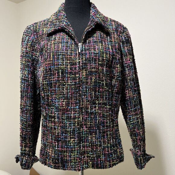 Coldwater Creek Tweed Jacket Womens 16 Multicolor Rainbow Zip Collared Blazer - Picture 1 of 11